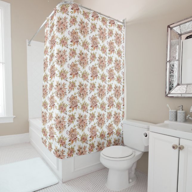 Rideaux De Douche Fleurs Floral Rose Rouge Brun Vert (En situation)