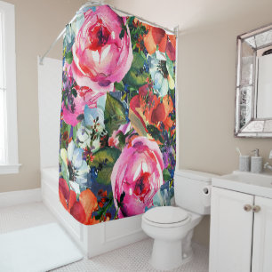 Rideaux De Douche Fleurs florales aquarelles vives et vintage