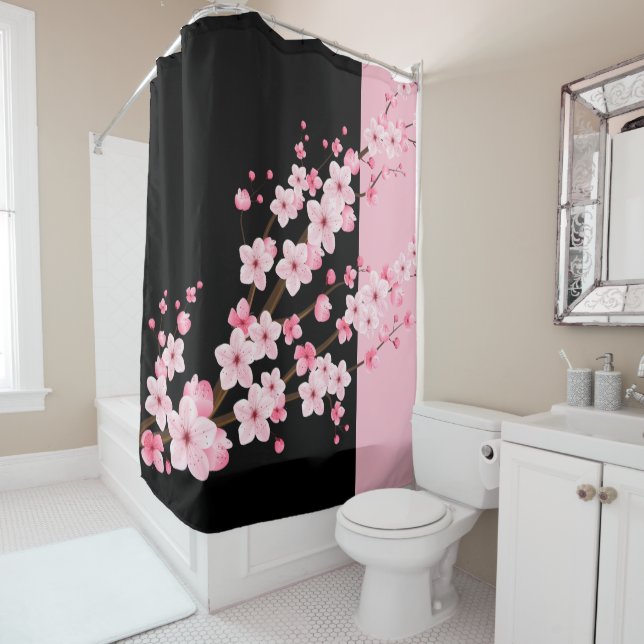 Rideaux De Douche Fleurs florales roses serviettes noires et roses (En situation)
