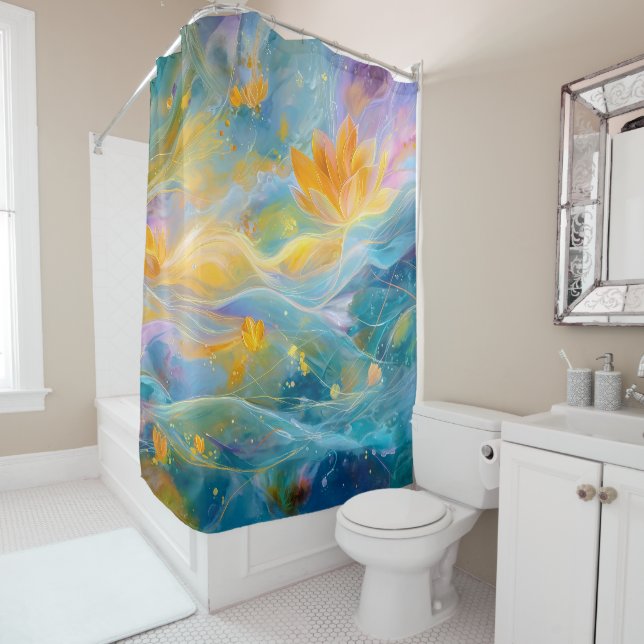 Rideaux De Douche Fleurs flottantes de lotus doré abstrait  (En situation)