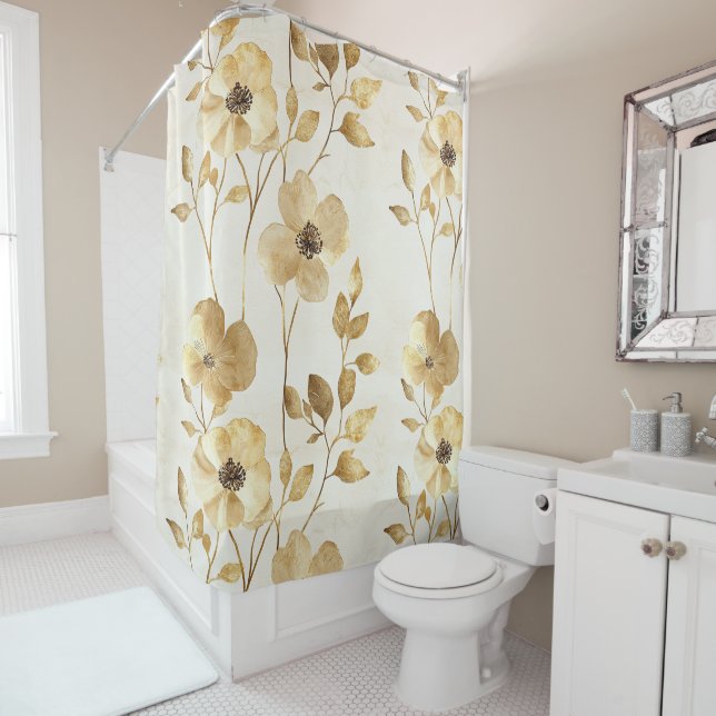 Rideaux De Douche Fleurs Glamour Doré Chic (En situation)