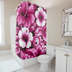 Rideaux De Douche Fleurs hawaïennes tropicales Hibiscus Motif rose