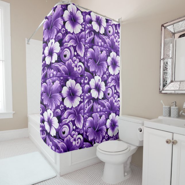 Rideaux De Douche Fleurs hawaïennes tropicales Hibiscus Motif violet (En situation)