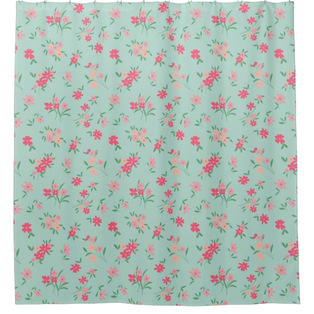 Rideaux De Douche Fleurs Illustrées Roses Dainty Sur Turquoise (Devant)
