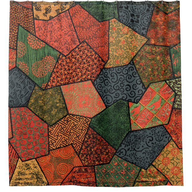 RIDEAUX DE DOUCHE FLEURS JAPONAISES ANCIENNES, FEUILLES, FLEURS GÉOM (Devant)