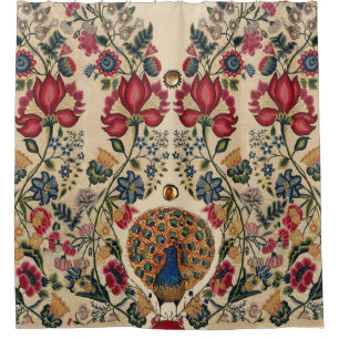 Rideaux De Douche FLEURS JAUNES BLEU ROUGE ET PARACOCK Antique Flora