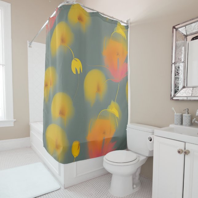 Rideaux De Douche Fleurs jaunes et orange abstraites douces (En situation)