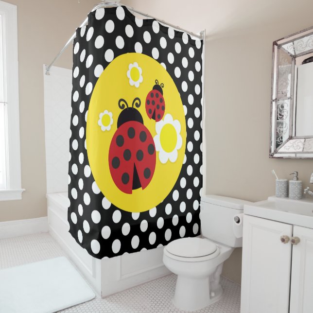 Rideaux De Douche Fleurs Jaunes pois Whimsical Red Ladybug (En situation)