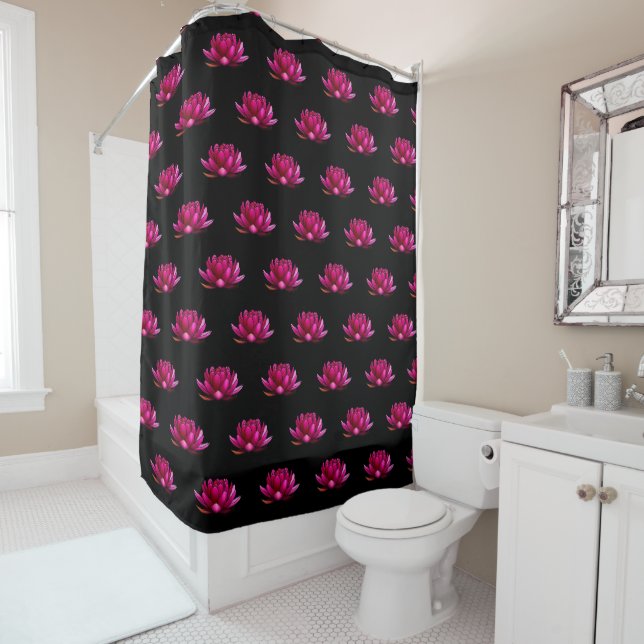 Rideaux De Douche Fleurs Lotus Roses profondes sur Noir (En situation)