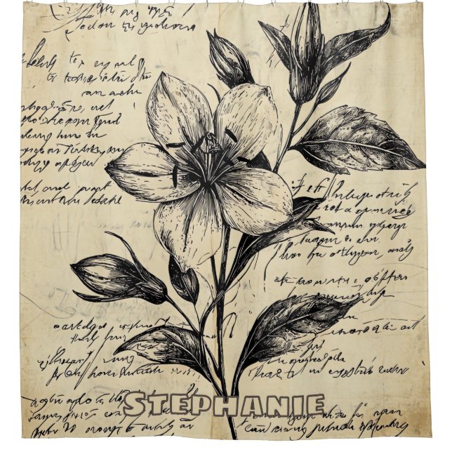 Rideaux De Douche Fleurs Marron Antique Calligraphie Parchemin (Devant)