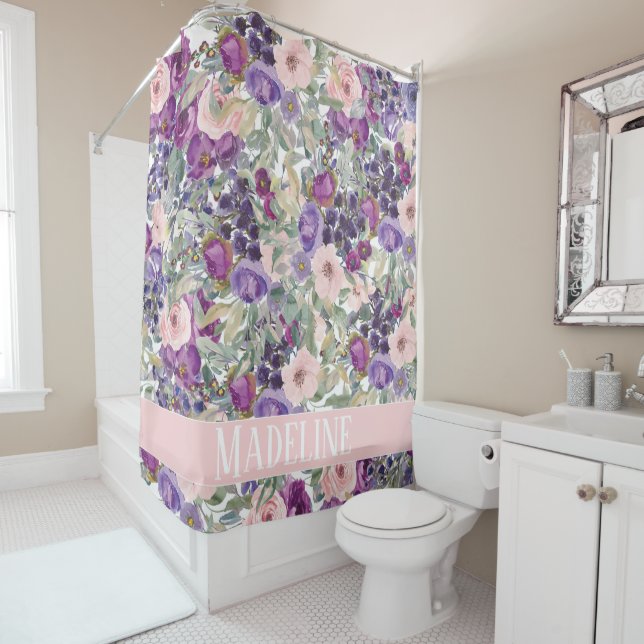 Rideaux De Douche Fleurs mignonnes Rose Violet Fille Votre Nom (En situation)