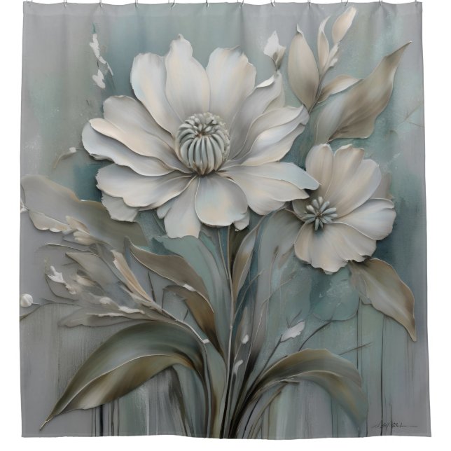 Rideaux De Douche Fleurs modernes gris bleu aqua (Devant)
