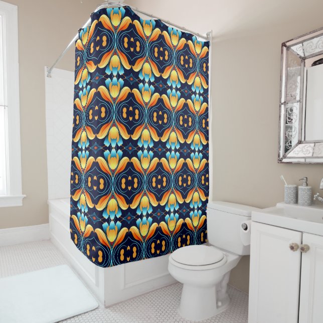 Rideaux De Douche Fleurs orange bleu Art Déco (En situation)