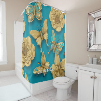 Rideaux De Douche Fleurs Papillons Paillettes Dorées Sarcelle Nom Pe