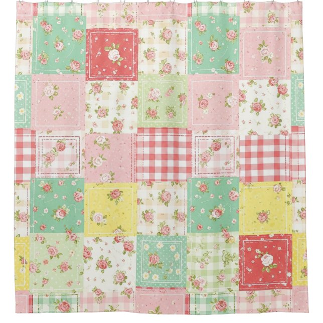 Rideaux De Douche Fleurs pastel en patchwork à carreaux gingham (Devant)