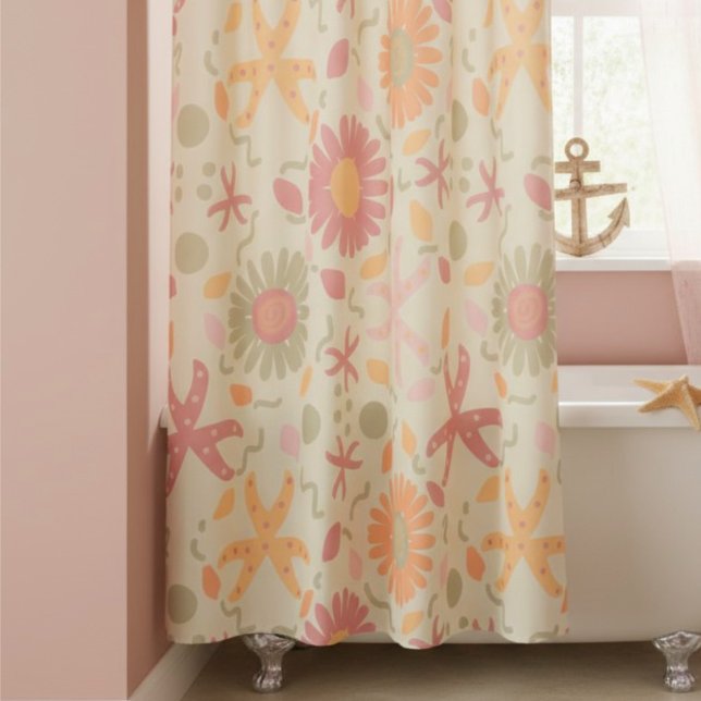 Rideaux De Douche Fleurs pastel et étoiles de mer sur crème (Feminine and cute curtain for the playful side of anyone. If you are a beach lover, this is for you.)