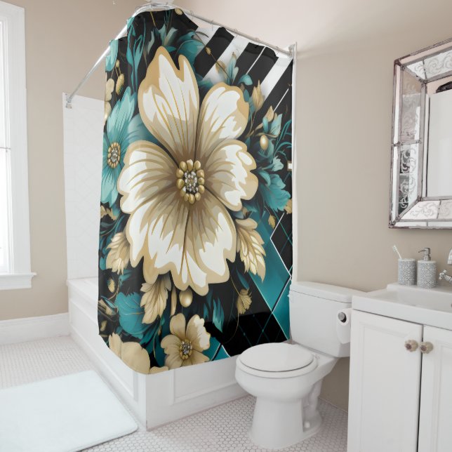 Rideaux De Douche Fleurs Plaid Beige Bleu (En situation)