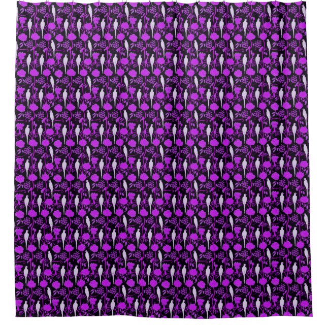 RIDEAUX DE DOUCHE FLEURS PURPLES ART DÉCO, PARROTS BLANCS SUR NOIR (Devant)