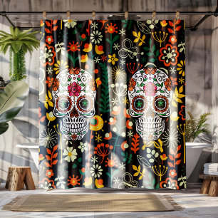 Rideaux De Douche Fleurs rétro colorées et crâne à sucre fleuri