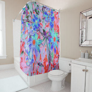 Rideaux De Douche Fleurs rétro psychédéliques aqua vert et orange