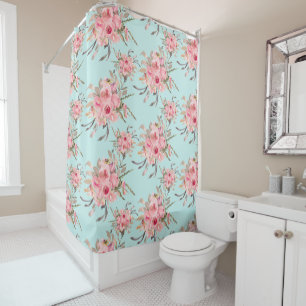 Rideaux De Douche Fleurs rose pâle sur bleu clair
