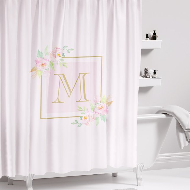 Rideaux De Douche Fleurs rose saumon initiale personnalisée (Créateur téléchargé)