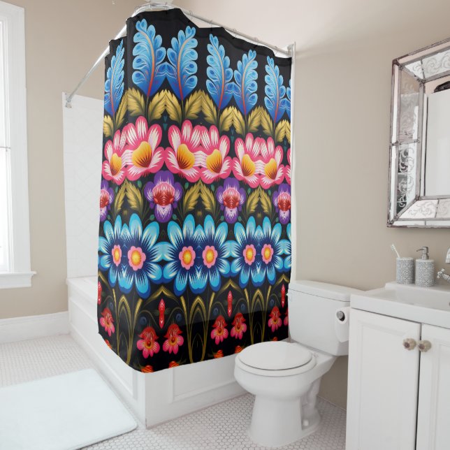 Rideaux De Douche Fleurs roses et bleues (En situation)