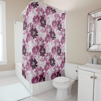 Rideaux De Douche Fleurs roses et bordeaux sur rose poussiéreux