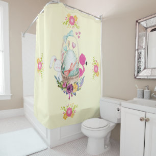 Rideaux De Douche Fleurs roses, Oeuf, Flamant rose et lapin Aquarell