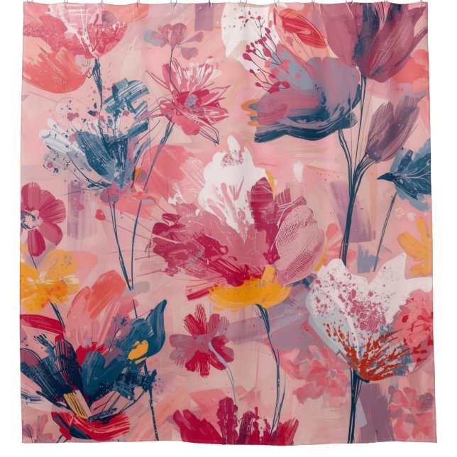 Rideaux De Douche Fleurs roses pinceaux peints motif botanique (Devant)
