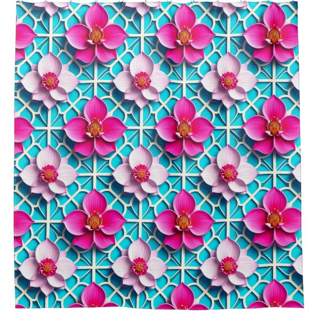 Rideaux De Douche Fleurs roses sur fond bleu géométrique (Devant)