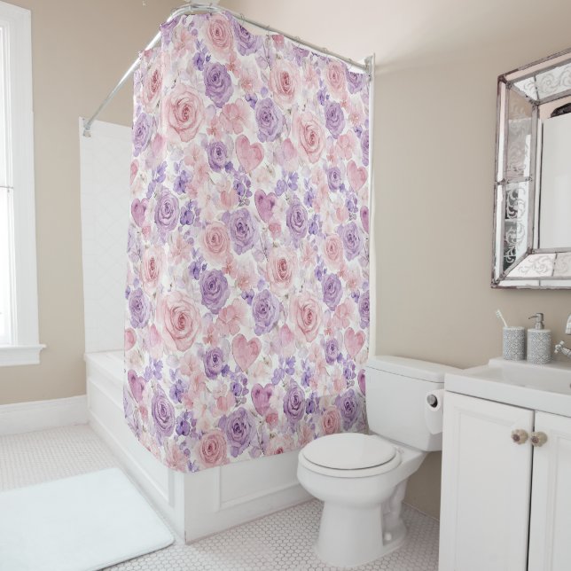 Rideaux De Douche Fleurs Roses Violettes Roses Cœurs Saint-Valentin (En situation)