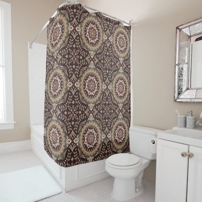 Rideaux De Douche Fleurs Rouge Et Beige (En situation)