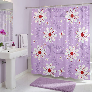 Rideaux De Douche Fleurs rouges violettes et blanches et papillons