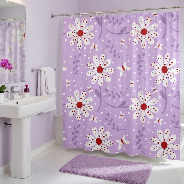 Rideaux De Douche Fleurs rouges violettes et blanches et papillons (Lavender floral shower curtain with butterflies & vines. Bold, cheerful bathroom style)