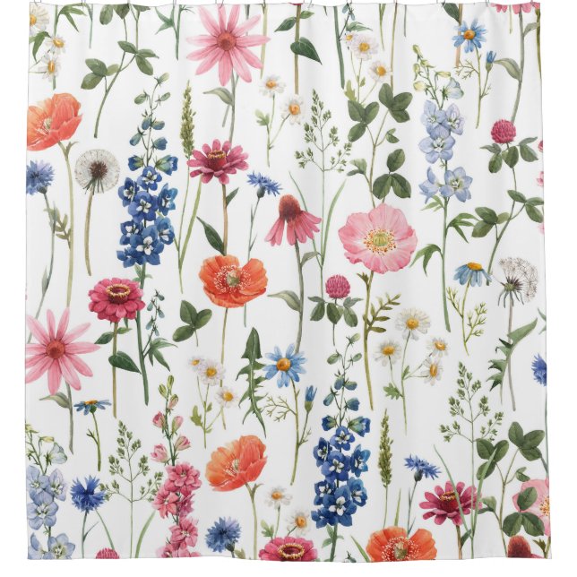 Rideaux De Douche Fleurs sauvages d'été, aquarelle motif sans coutur (Devant)