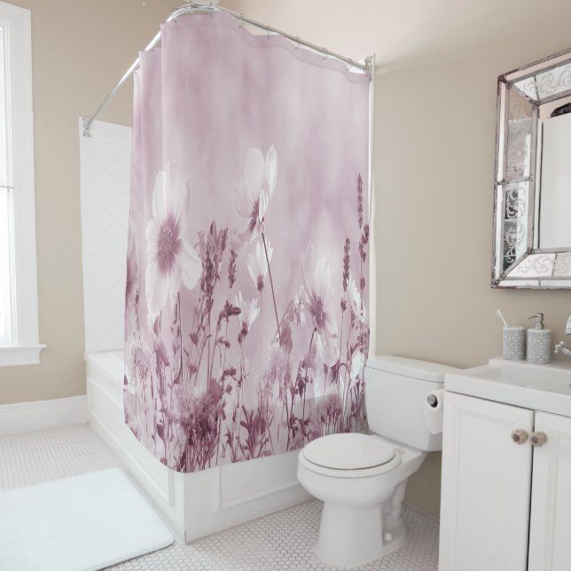 Rideaux De Douche Fleurs sauvages ombrées roses (En situation)