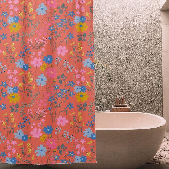 Rideaux De Douche Fleurs sauvages rouges Boho modernes (Modern Boho Red Floral Wildflowers Shower Curtain)