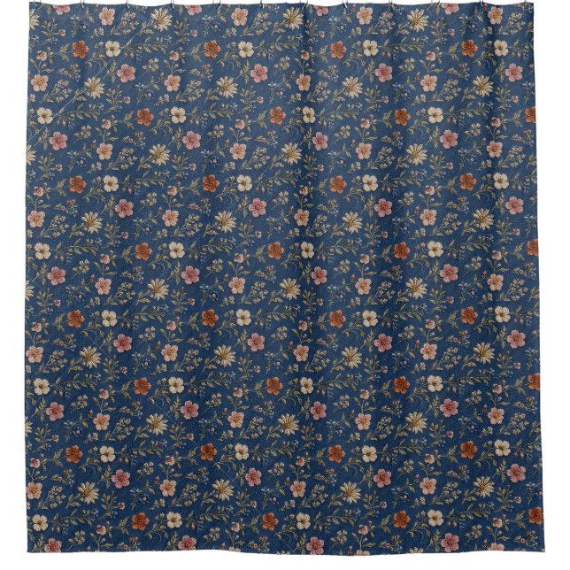 Rideaux De Douche Fleurs sauvages simples brodées sur fond de denim (Devant)