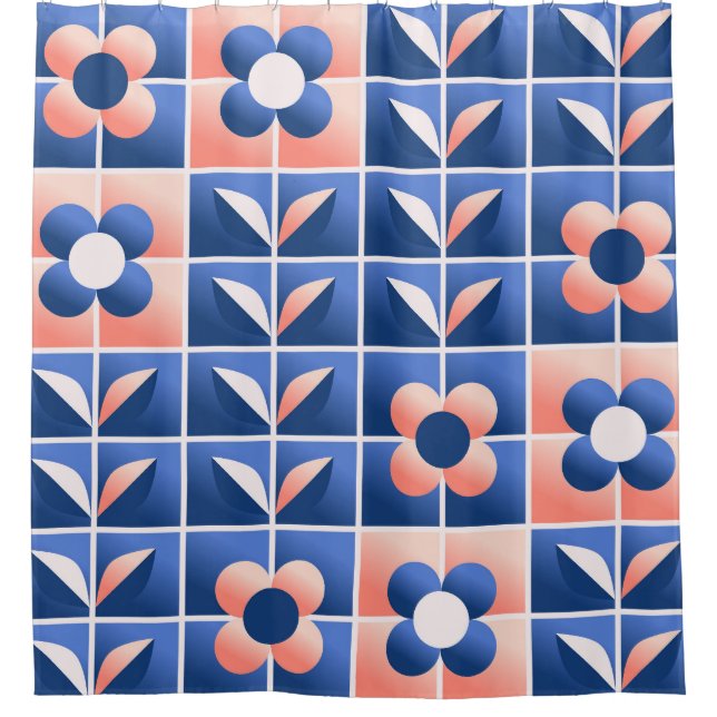 Rideaux De Douche Fleurs stylisées rétro : motif en mosaïque. (Devant)