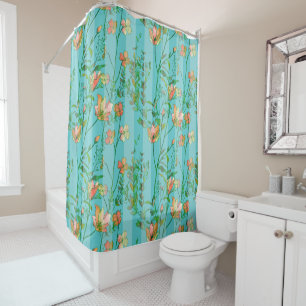 Rideaux De Douche Fleurs sur l'arrière - plan rayé bleu d'Aqua