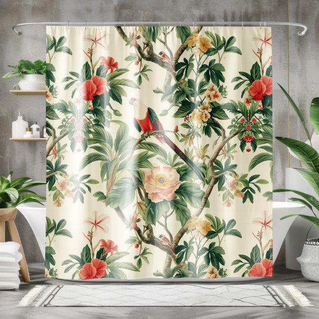 Rideaux De Douche Fleurs tropicales colorées Oiseaux (Créateur téléchargé)