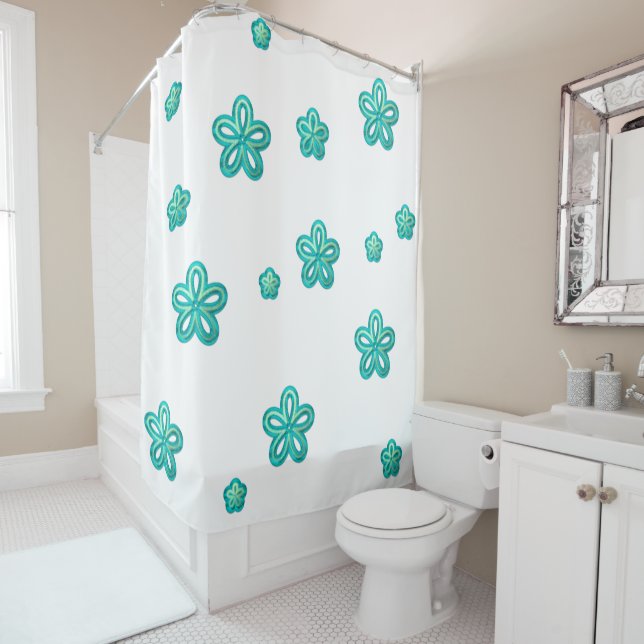 Rideaux De Douche fleurs turquoise (En situation)