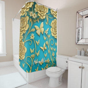 Rideaux De Douche Fleurs turquoises et or Nom personnalisé