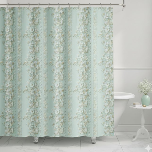 Rideaux De Douche Fleurs Vertes Vintage (vintage faux lace pale mint green cream ivory floral shower curtain)