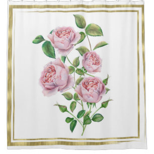 Rideaux De Douche Fleurs Vintage Roses Feuilles Botaniques Vert Doré