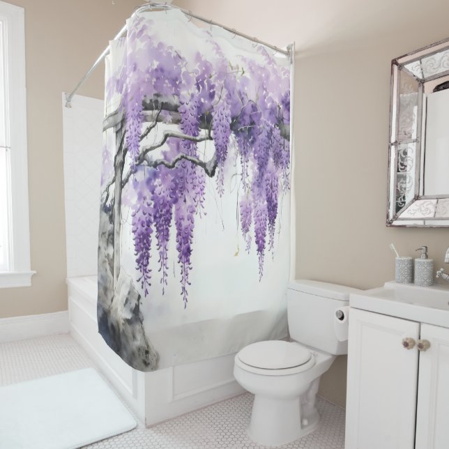 Rideaux De Douche Fleurs violettes couleur Wisteria (En situation)