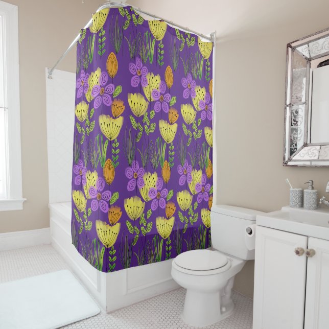 Rideaux De Douche Fleurs violettes et jaunes (En situation)