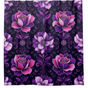 Rideaux De Douche Fleurs violettes et roses sur fond noir