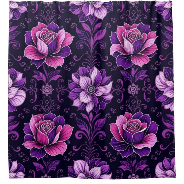Rideaux De Douche Fleurs violettes et roses sur fond noir (Devant)